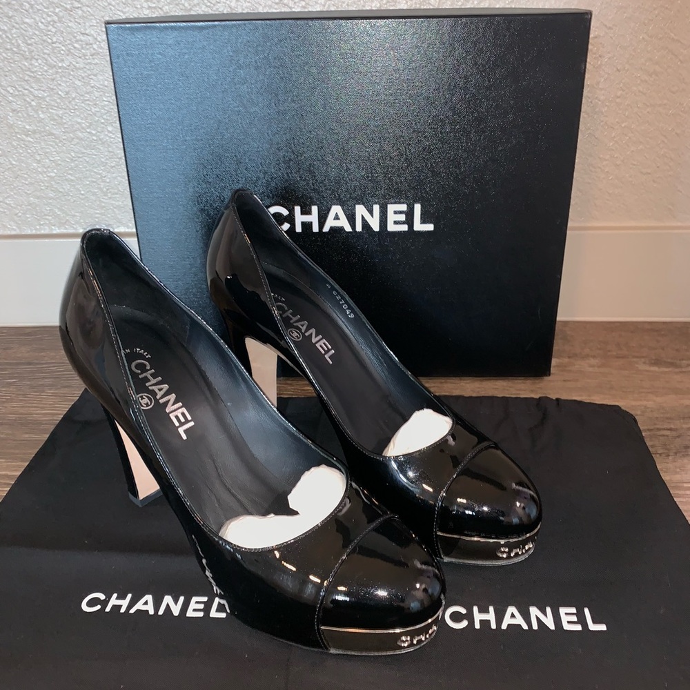 Chanel Patent Leather Metal Toe Cap Pumps 40.5
